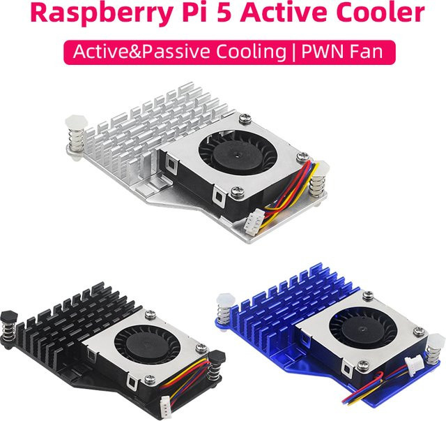 SHCHV Aktiver Kühler für Raspberry Pi 5 mit Aluminium-Kühlkörper und PWM-Lüfter, Schwarz, Silber, Blau - Bild 1
