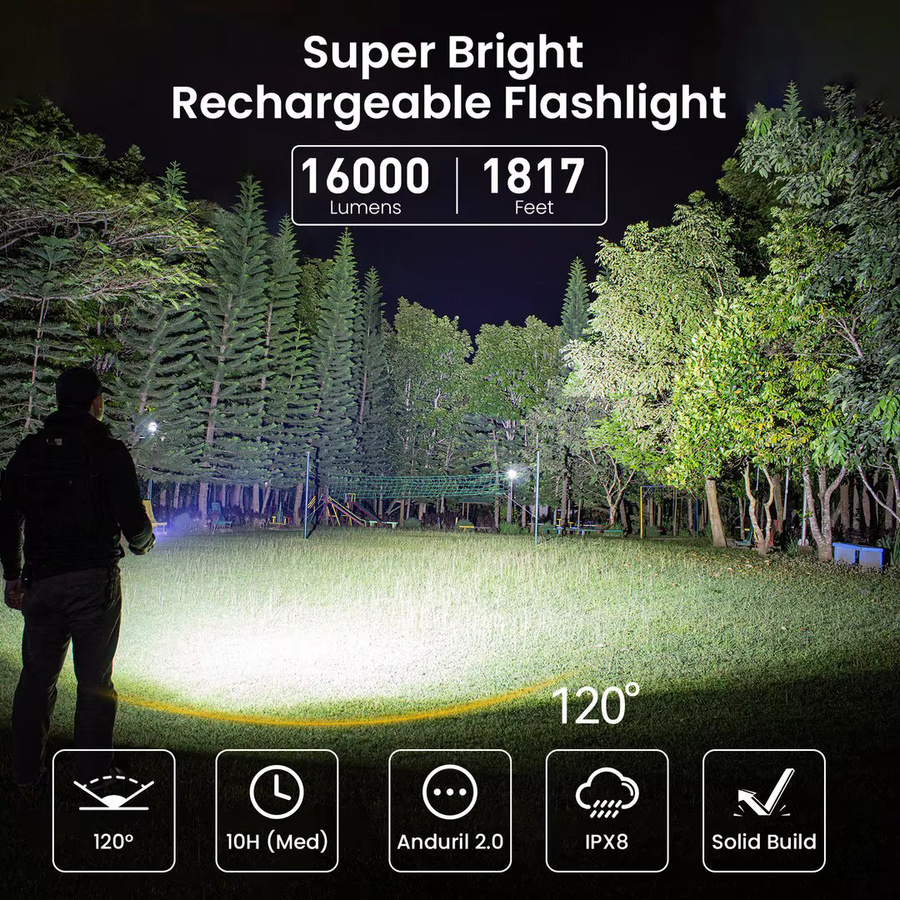 Sofirn Q8 Plus LED-Taschenlampe in Schwarz mit 16000 lm, USB-C wiederaufladbar und Anduril 2.0 - Bild 2