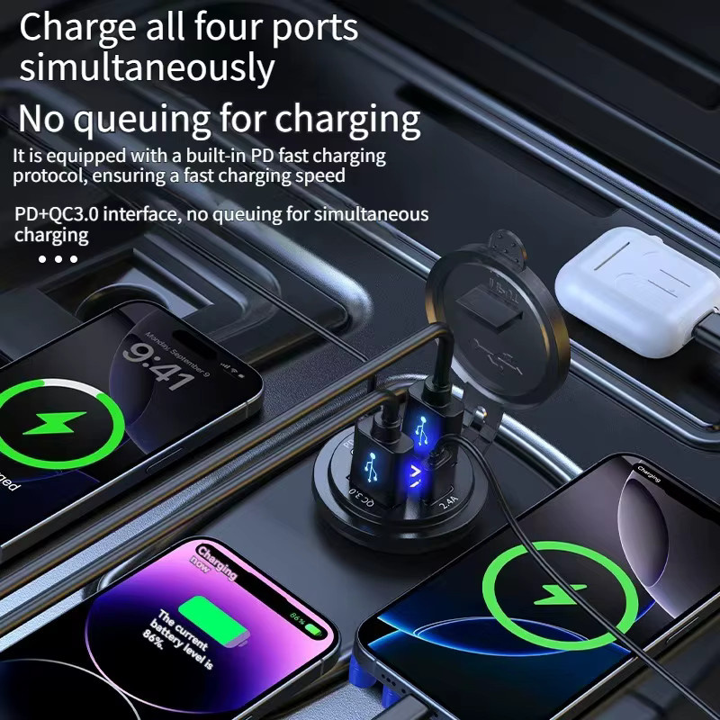 kebidumei Auto-Ladegerät mit Dual-USB PD & QC 3.0, 4 Anschlüssen, Voltmeter und wasserdichtem Steckdosenadapter für Auto und Boot, Schwarz - Bild 2