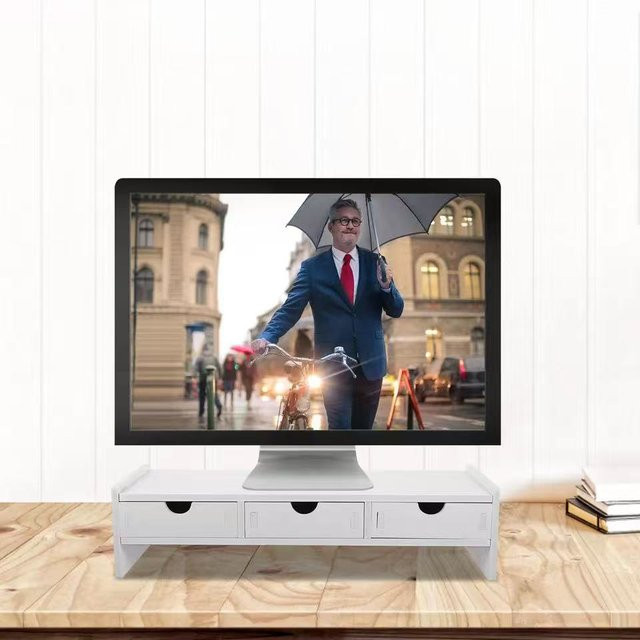 Ergonomischer halbkreisförmiger Schreibtisch-Organizer mit 3 Schubladen als Monitor- und Laptop-Ständer in Weiß - Bild 1