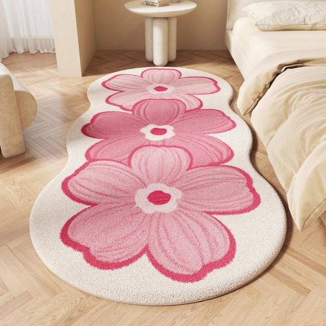 Flauschiger Plüschteppich mit Blumenmuster in Rosa für Wohnzimmer und Schlafzimmer, B/L: 50 x 120 cm - Bild 1