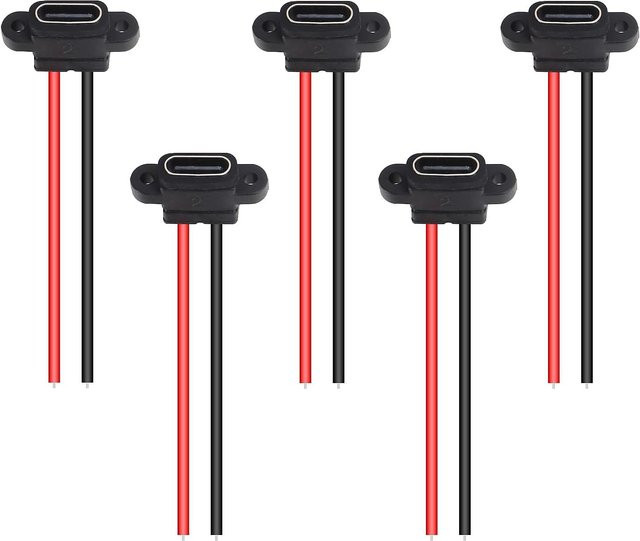5 Stück USB-C Buchsenstecker, 2-polig, wasserdicht, 3A Ladeanschluss, Schwarz - Bild 1