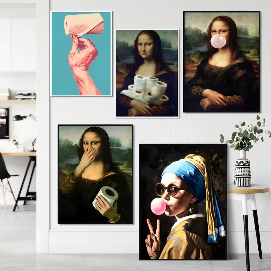 Lustiges Mona Lisa Poster mit Perlen und Toilettenpapier als Wanddekoration für dein Badezimmer aus Papier - Bild 3
