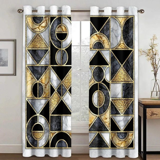 2er-Set abstrakte Vorhänge mit geometrischem Marmor-Design, halbtransparente Fensterjalousien mit Ösen, Mehrfarbig, Breite: 50 cm, Höhe: 50 cm pro Paneel - Bild 1