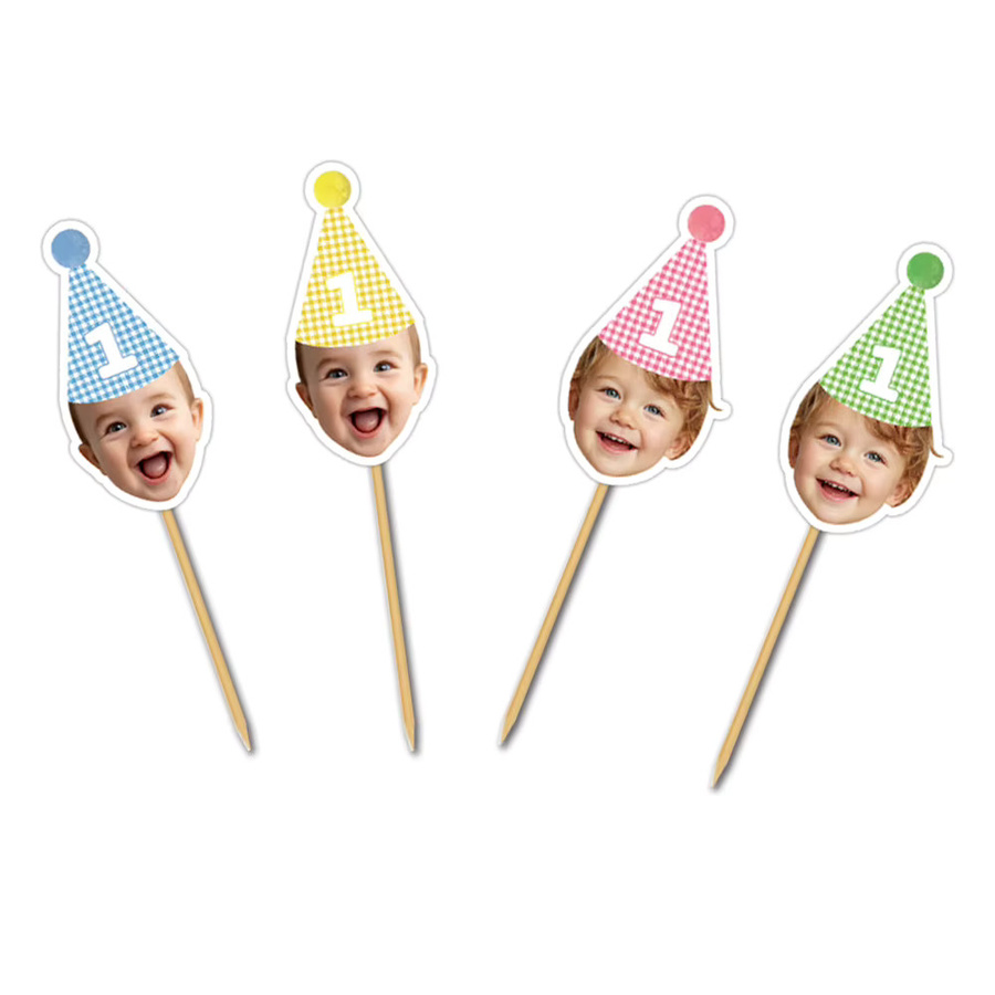 Joy-enlife Geburtstagstorte Topper mit Gesicht und Partyhut im karierten Design, mehrfarbig, Set mit 6 Stück - Bild 2