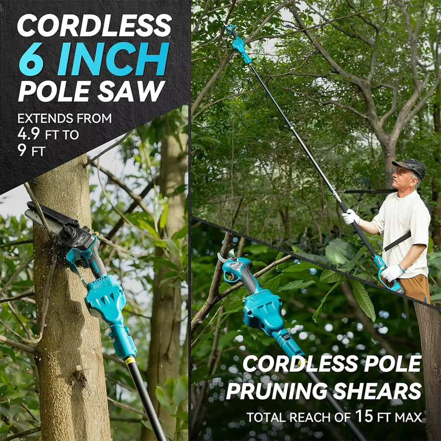 Seesii 3in1 Elektrische Gartenschere mit 2,8m Teleskopstange und 6'' Kettensäge, Blau, kompatibel mit Makita 18V LXT Akku - Bild 2
