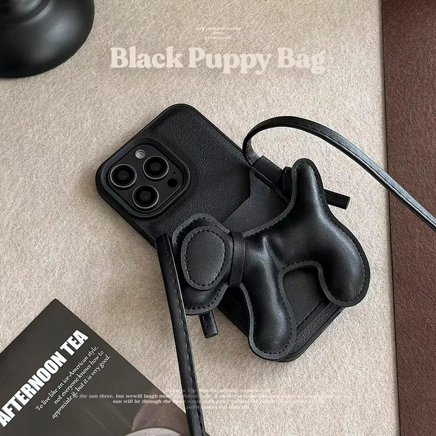 Potdemiel Luxuriöse Umhängetasche mit Lanyard-Halskette und Welpen-Kartenhalter aus Leder als stoßfeste Handyhülle für iPhone 11 bis iPhone 17 Pro Max in Schwarz - Bild 2