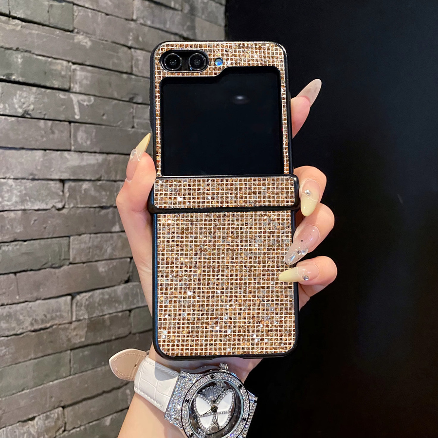 Glänzende Pailletten-Handyhülle für Samsung Galaxy Z Flip 7 6 5 4 3 in Champagner Gold mit Leder-Hartschale - Bild 3
