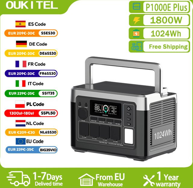 OUKITEL P1000 PLUS Tragbare Powerstation mit 1024Wh LiFePO4-Akku und 1800W Solargenerator für Outdoor, Camping und Notstromversorgung zu Hause - Bild 1