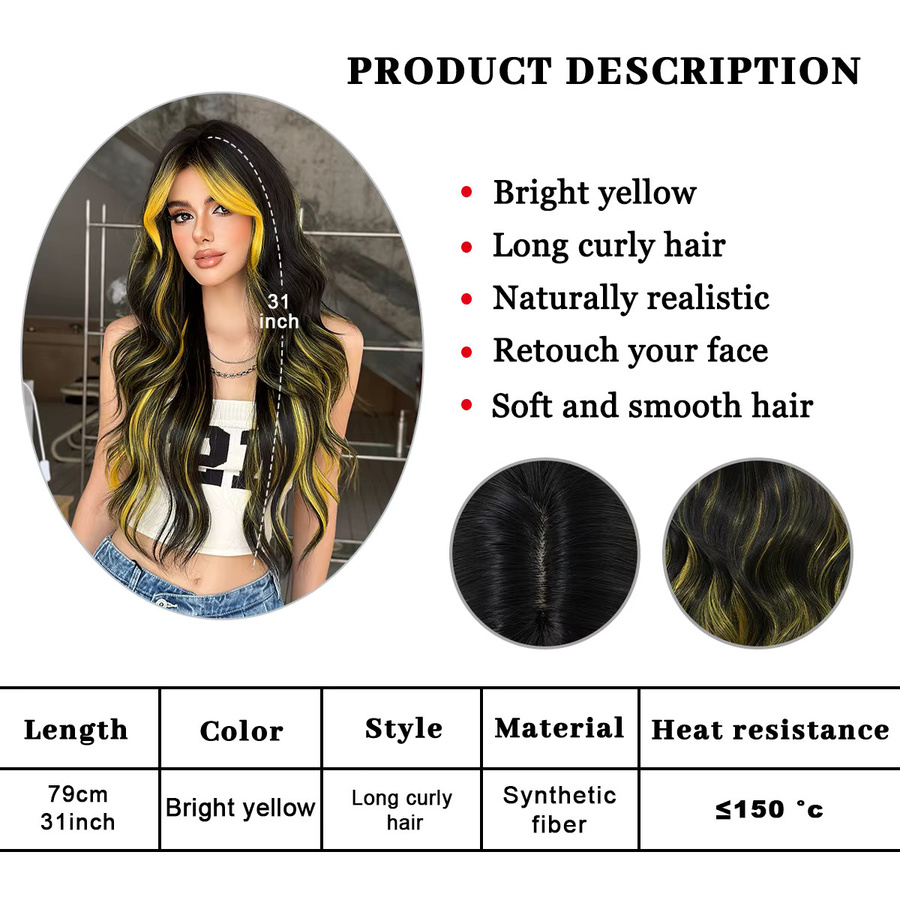 NAMM Halloween Cosplay Perücke, Synthetisch, Schwarz mit gelben Highlights, Damen - Bild 6