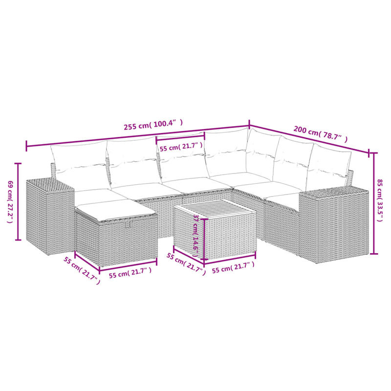 vidaXL 8-tlg. Garten-Sofagarnitur in L-Form aus Poly-Rattan und Metall in Grau mit Kissen und abnehmbaren Bezügen - Bild 3