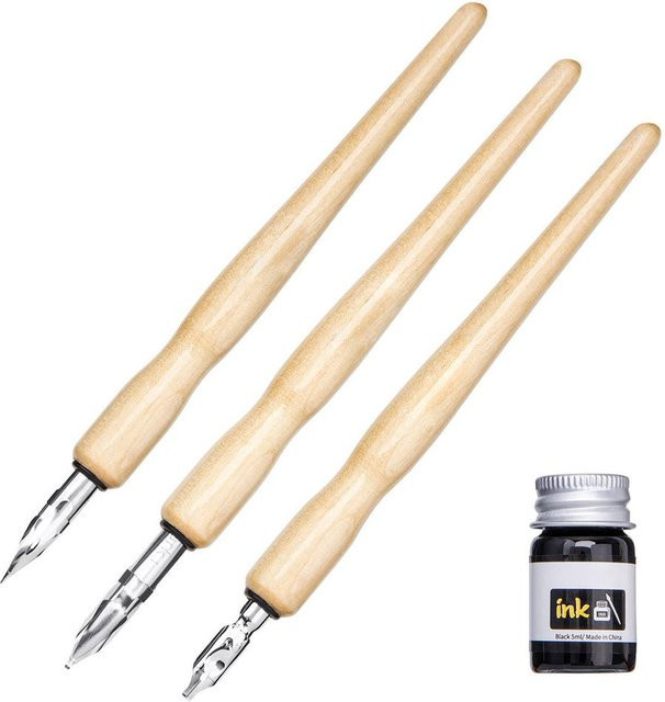 CosyHome Comic-Stift-Set in Beige mit 3 Federn, Holzhalter und Tinte für Kalligraphie und Zeichnen - Bild 1