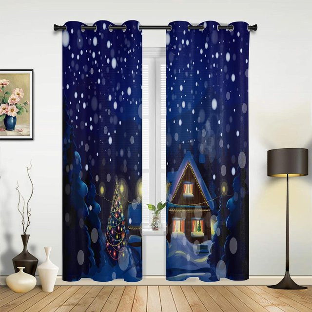 Weihnachts-Fensterdekoration mit Schneeflocken-Motiv, halbtransparente Vorhänge in Blau für Wohnzimmer, Küche und Schlafzimmer, Breite: 135 cm, Höhe: 60 cm - Bild 1