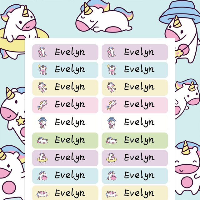 Personalisierte Einhorn-Namensschilder als wasserfeste Kawaii-Aufkleber in Mehrfarbig für Kinder, Schule und Trinkflaschen - Bild 1