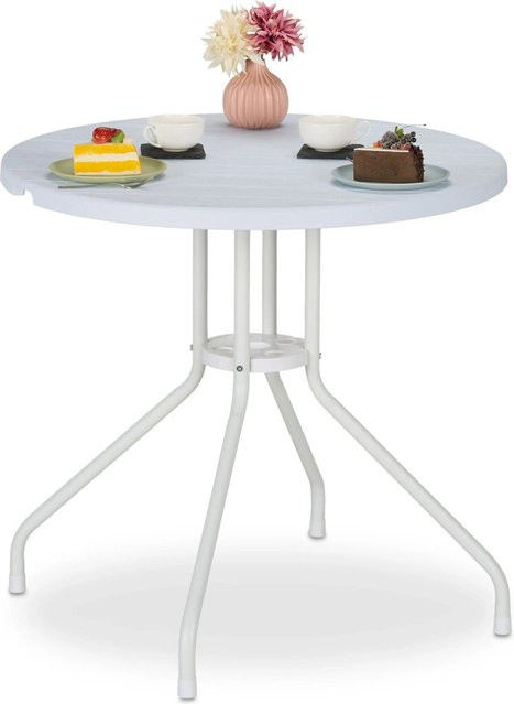 Relaxdays Gartentisch in Weiß mit Holzoptik aus Kunststoff und Stahl, Durchmesser: 74 cm, Höhe: 60 cm - Bild 1