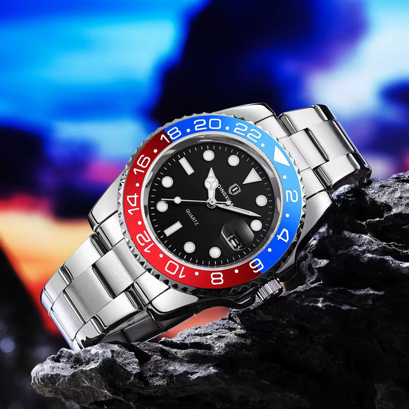 Qingxiya Armbanduhr Quarz, Edelstahl, Schwarz, Herren, Datum, Leuchtzeiger - Bild 3