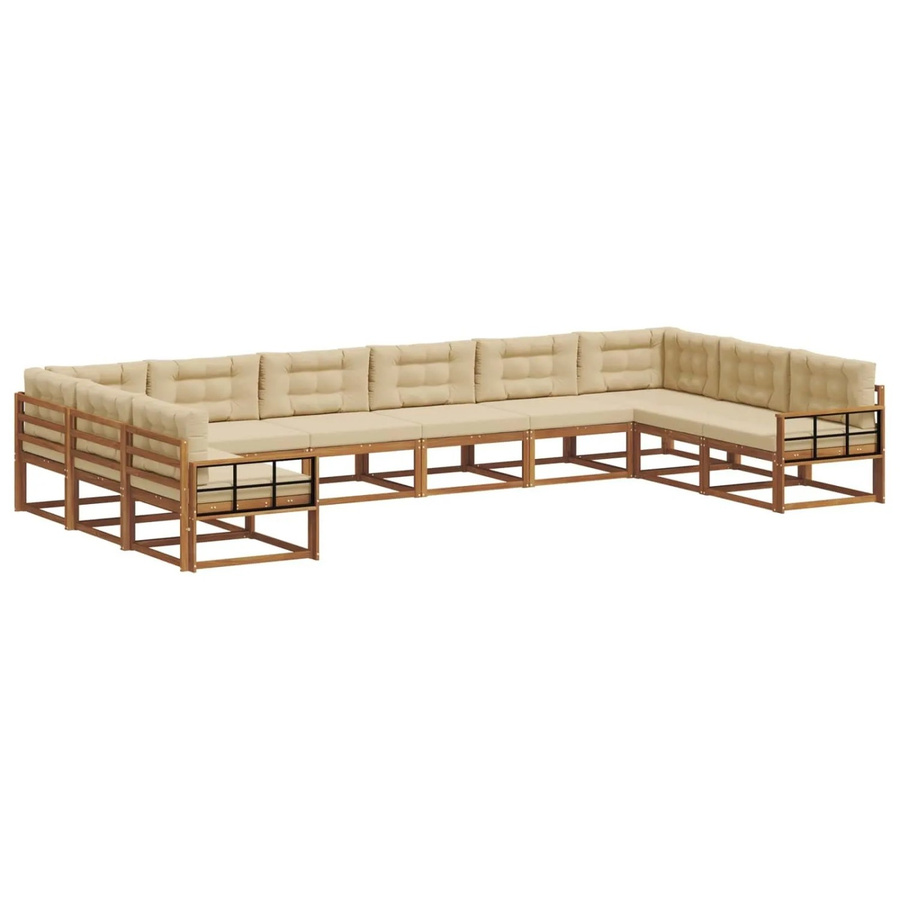 vidaXL Outdoor-Sofagarnitur aus massivem Akazienholz in U-Form, 10-teiliges Set mit Kissen in Natur und Beige - Bild 2