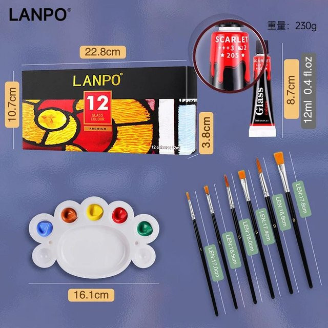 LANPO Acrylfarben-Set für Glas und Textilien in Schwarz und Multicolour, 12 Tuben à 60 ml für Künstler zum Zeichnen auf Stoff, Öl und Wasser - Bild 1