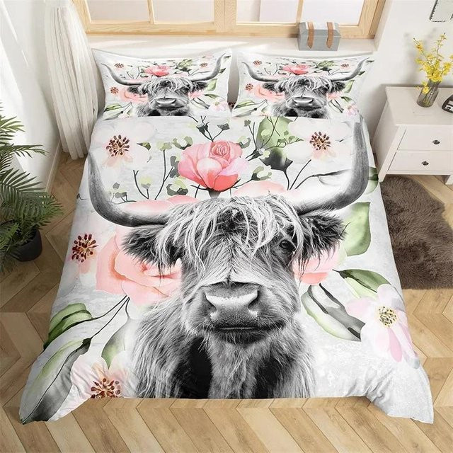 Bettwäsche-Set mit Hochlandkuh-Motiv aus Mikrofaser, Blumiges Bauernhof-Design für Kinder und Teenager, Mehrfarbig, B/H: 70 x 133 cm - Bild 1
