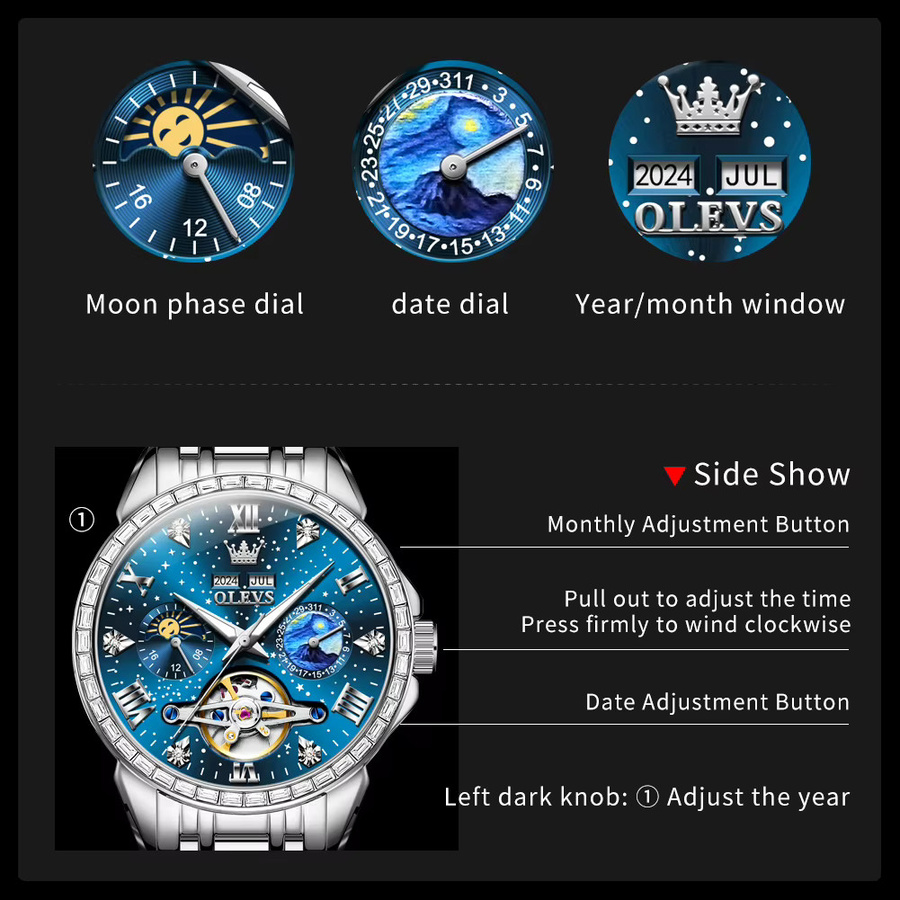 OLEVS Armbanduhr, Automatik, Edelstahl, Mondphase, Herren - Bild 5