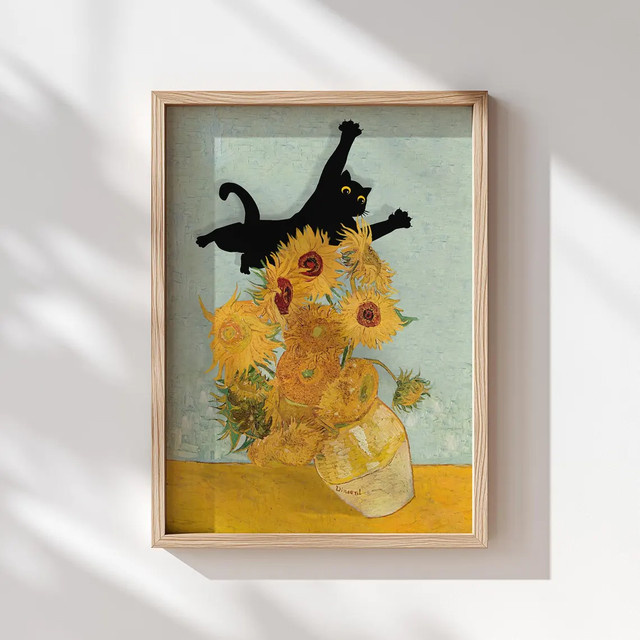 Poster mit schwarzer Katze im Van Gogh Sonnenblumen Stil von SHENCHEN, Mehrfarbig - Bild 1