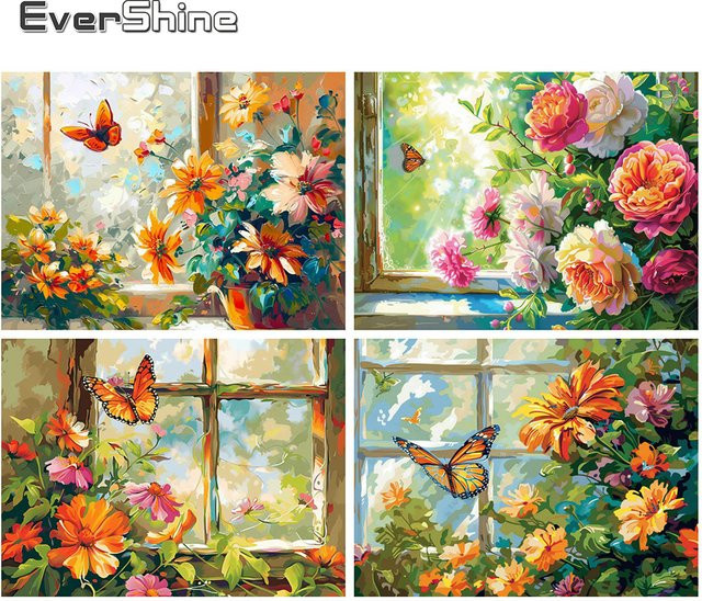 Evershine Ölgemälde nach Zahlen, Blume, Pfingstrose, Schmetterling, 4-teiliges Set - Bild 1