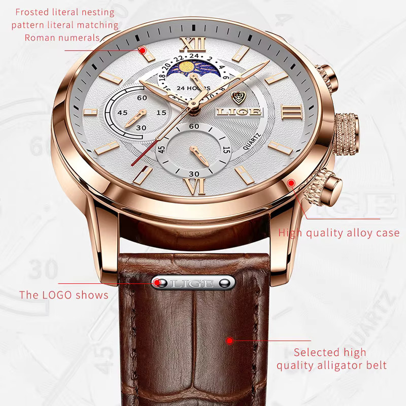 LIGE Chronograph Herrenuhr, Quarz, Leder, Roségold, Datum, Braun - Bild 3