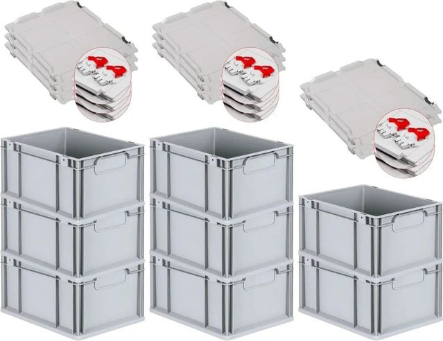 PROREGAL Spar Set 8x Eurobox Nextgen Economy mit Scharnierdeckel und roten Schiebeschnappverschlüssen, Grau/Rot, H x B x T: 22 x 30 x 40 cm, 20 Liter - Bild 1