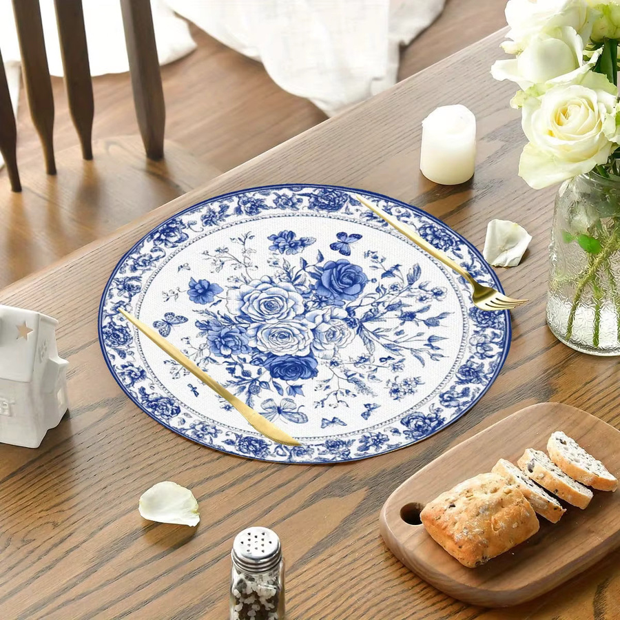 VIKAMA 4er Set Tischsets American Country Style mit blauen und weißen Blumen und Schmetterlingen, rund, wasserdicht - Bild 2