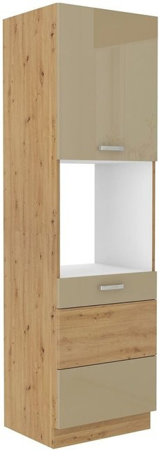 Küchen Hochschrank Eiche Artisan Cappuccino Hochglanz mit Einlegeböden und Scharniertüren, Breite: 60 cm - Bild 1