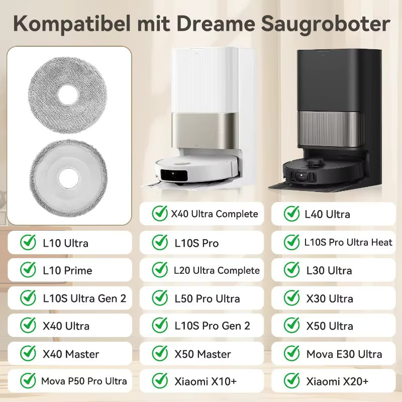6 Stück Wischtücher für Dreame L10s Ultra Gen 2, L10s Pro Ultra Heat, X40, X50 Ultra Complete sowie Mova E30 Ultra, P50 Pro Ultra und L10 in Weiß - Bild 2