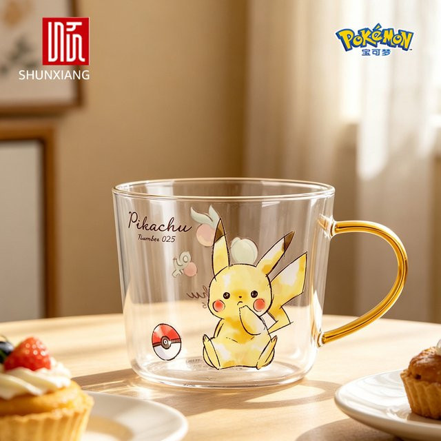 SHUNXIANG Pokémon Pikachu Glas-Wasserbecher aus Borosilikatglas mit Griff, transparent - Bild 1