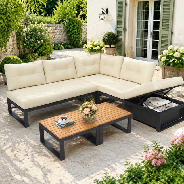 LVHOM Modulares L-förmiges Outdoor-Ecksofa mit Aluminiumrahmen, Holztisch und Kissen in Beige und Weiß, wetterfestes Garten- und Terrassen-Set mit Stauraum - Bild 1