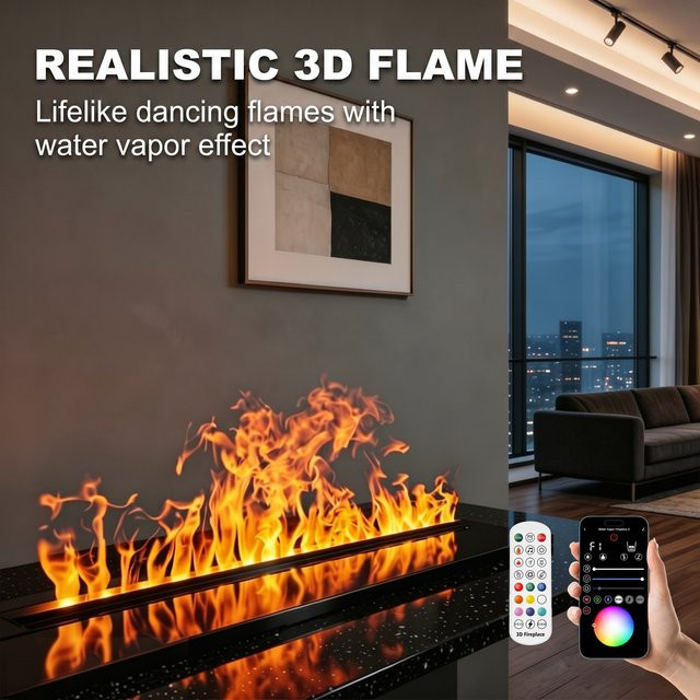 AFLYEVER 3D-Wasserdampf-Elektrokamin in Schwarz mit Edelstahl-Design, Fernbedienung und App-Steuerung, B/T/H: 120 x 20 x 13 cm - Bild 1