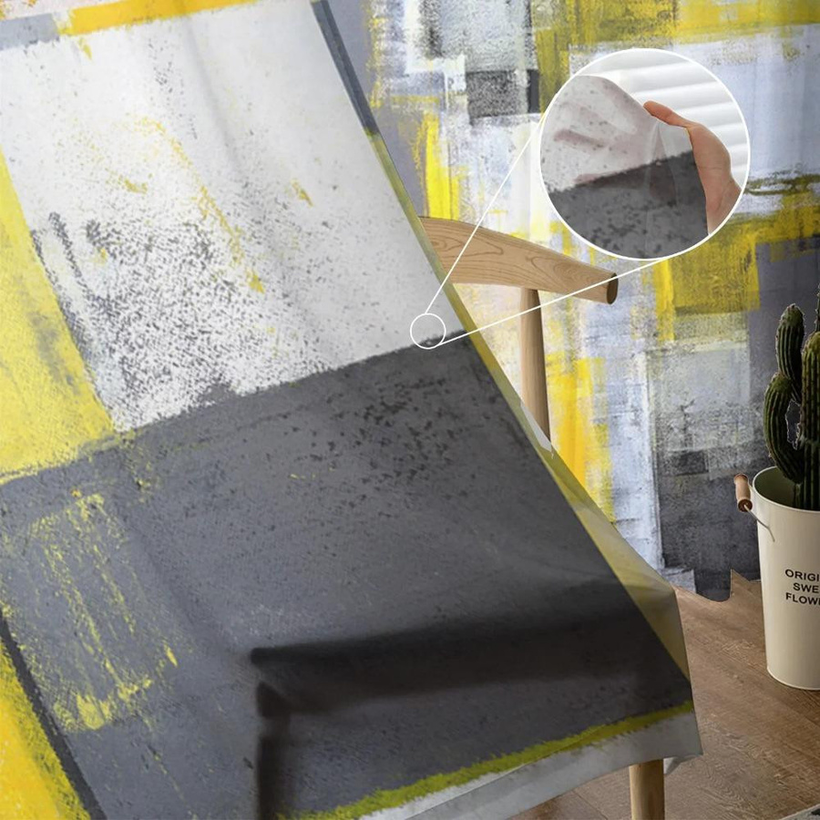 Yiran Furniture Transparente Voile Vorhänge in Gelb mit abstraktem geometrischem Ölgemälde-Design, Breite: 135 cm, Höhe: 115 cm - Bild 1