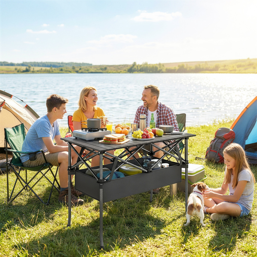 Outsunny Campingtisch aus Aluminium in Schwarz mit Netzfach und Tragetasche, Klappbarer Gartentisch für Garten, Balkon und Camping, B: 93 cm, T: 68 cm - Bild 2