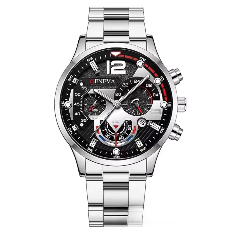 Armbanduhr Herren, Edelstahl, Quarz, Schwarz, Silber, Datum, Leuchtzeiger - Bild 2