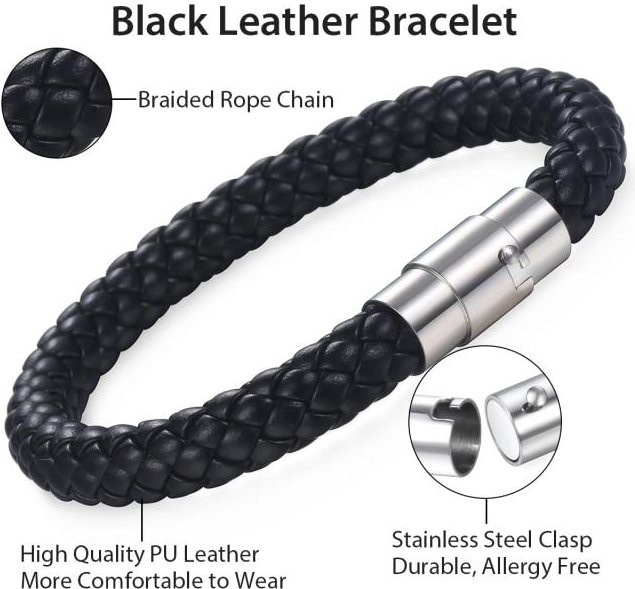 Armband Herren, Leder, Edelstahl, schwarz, 20 cm - Bild 1