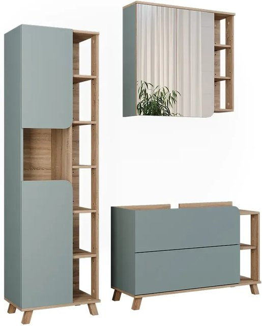 Vicco Badmöbel-Set Karen in Sonoma und Blau, 3-teilig bestehend aus Waschtischunterschrank, Spiegelschrank und Hochschrank - Bild 1