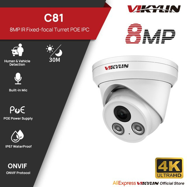 VIKYLIN 8MP IP-Außenkamera mit IR-Licht, PoE, H.265, Weitwinkel 2,8 mm und KI-basierter humanoider Erkennung in Weiß - Bild 1