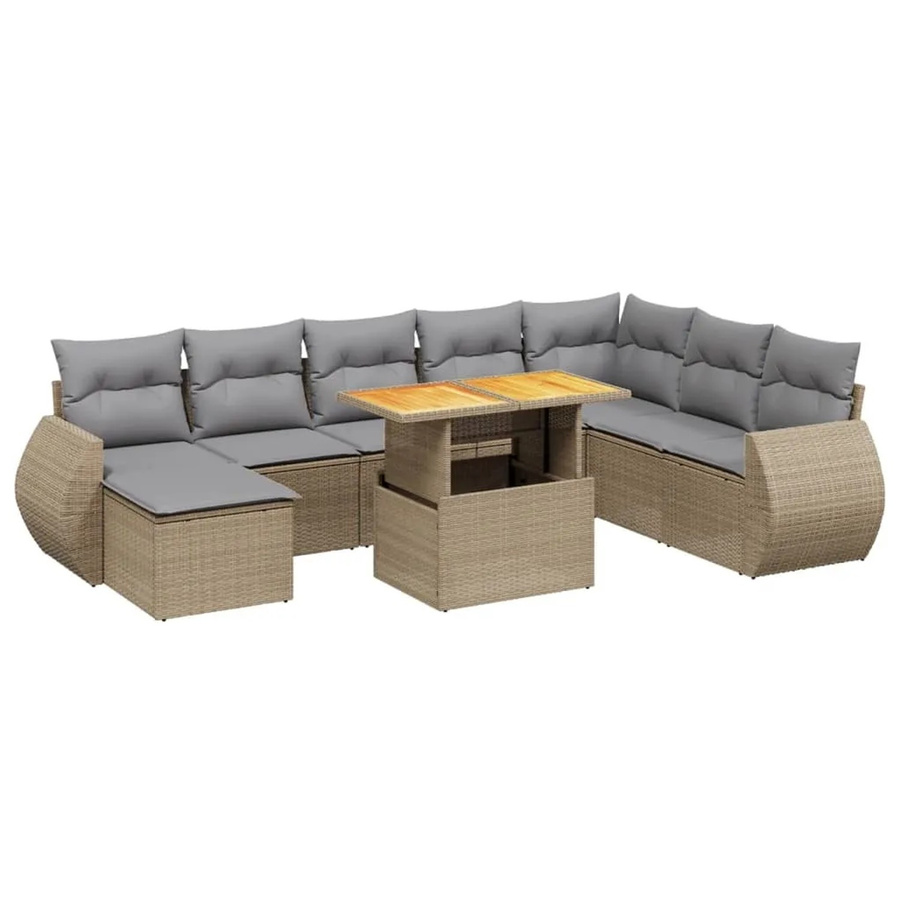 vidaXL 9-tlg. Garten-Sofagarnitur in L-Form aus Poly-Rattan und Akazienholz mit Kissen in Beige - Bild 2