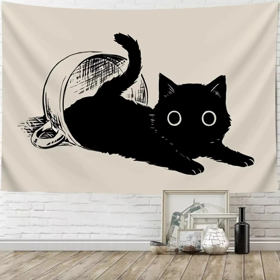 VIKAMA Retro Wandteppich mit schwarzer Katze als Wanddekoration für Wohnzimmer und Schlafzimmer, B/H: 60 x 40 cm - Bild 1