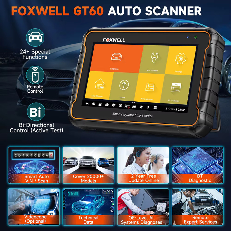 Foxwell GT60 OBD2 Auto-Diagnosegerät mit Bluetooth, Vollsystem-Scan und 24 Rücksetzfunktionen für ABS, SAS und TPMS in Schwarz - Bild 2