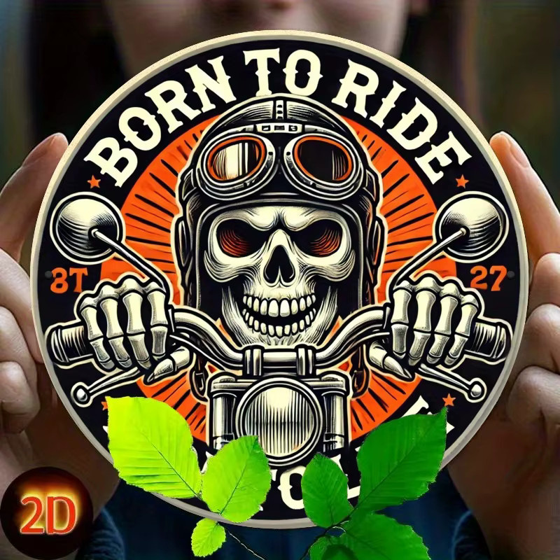 Potdemiel Vintage-Motorrad-Schädel Metallblechschild Rund, Mehrfarbig, Durchmesser: 19,81 cm - Bild 2