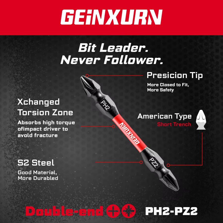 Geinxurn Impact Doppelend-Schraubendreher-Bit-Set aus S2-Stahl in Schwarz mit Phillips #2 und Pozi-Bits - Bild 5