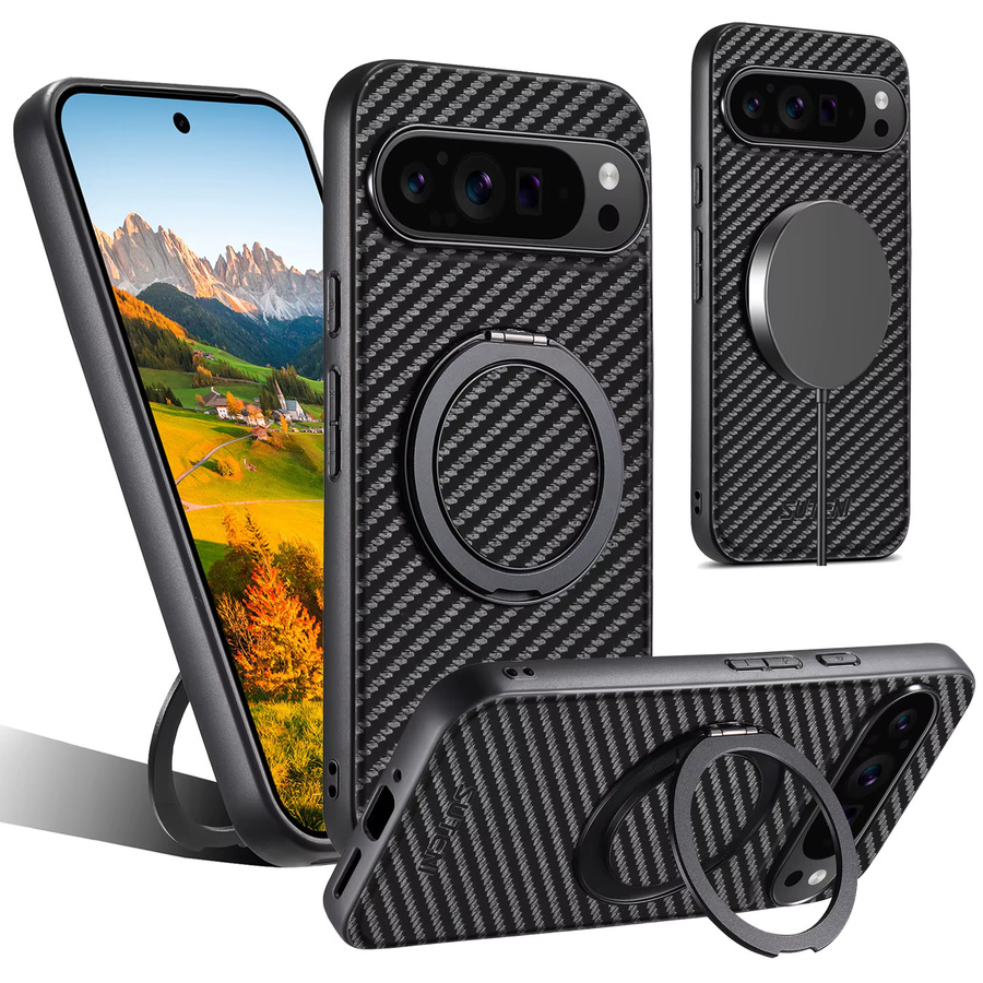 SUTENI Kunstleder Handyhülle mit Magnet und 360 Grad drehbarem Ständer sowie Ringschnalle für Google Pixel 10 Pro XL 9 8a 7 6 in Schwarz - Bild 7