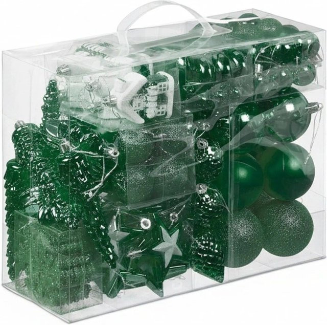 Relaxdays Weihnachtskugeln aus Polystyrol in Dunkelgrün, 100er Set mit Aufbewahrungsbox - Bild 1