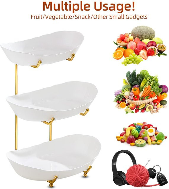 KaiSai 3-stöckige Obstschale aus Acryl mit Metallständer in Weiß und Gold, ovaler Etagen-Obstkorb für die Küchentheke - Bild 1