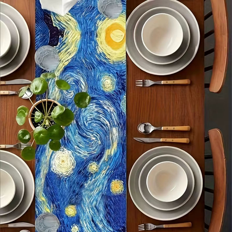 ZZN Tischläufer aus Leinen mit Sternennacht-Design in Blau, rechteckiger Bauernhaus-Stil, Breite: 183,0 cm, Tiefe: 33,0 cm - Bild 3