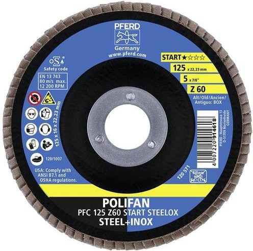 PFERD POLIFAN Fächerschleifscheibe START STEELOX für Stahl und Edelstahl, Farbe Blau, Durchmesser: 125 mm, Bohrungs-Ø: 22,23 mm, Körnung: 60, 10 Stück - Bild 1